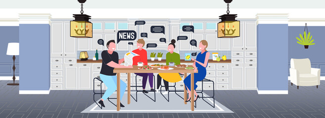 family having breakfast reading newspaper parents with children spending time together at home chat bubble communication concept kitchen interior full length horizontal vector illustration