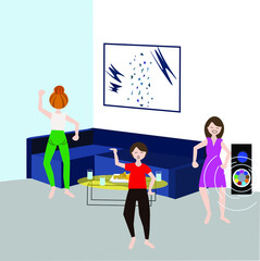 Three women danced in the party room with social distance. Stay safe, stay at home, stop coronavirus.