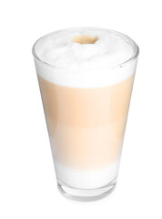 Glass of delicious latte macchiato isolated on white