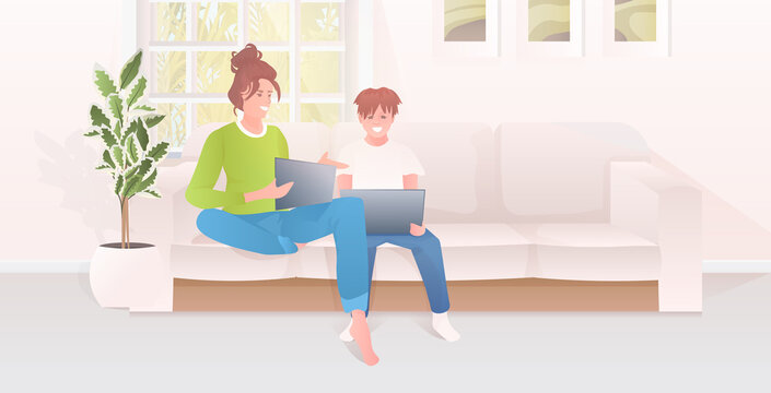 mother with son using laptops happy family spending time together modern living room interior full length horizontal vector illustration
