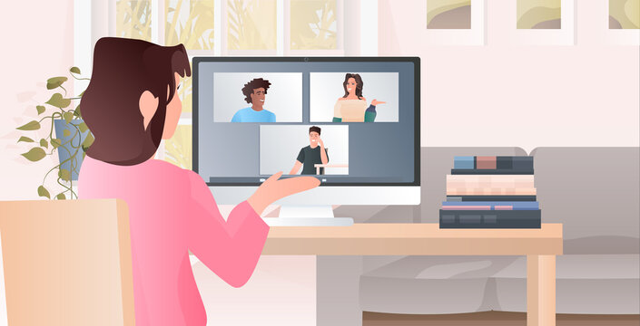 woman meeting with mix race friends during video call covid-19 pandemic coronavirus quarantine concept people having live conference portrait horizontal vector illustration
