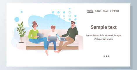 parents with child using laptops happy family spending time together modern living room interior full length copy space horizontal vector illustration
