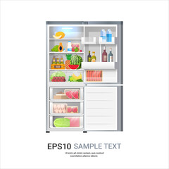 open refrigerator modern fridge full of fresh food home appliance concept isolated copy space vector illustration