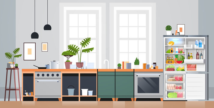 modern kitchen interior empty nobody apartment with open fridge full of fresh food home appliances concept horizontal horizontal vector illustration