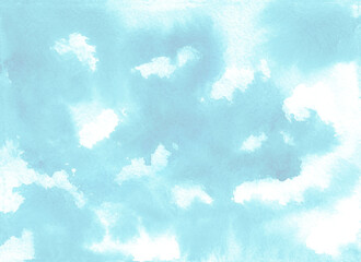 Watercolor hand painted sky and clouds. Abstract watercolor background with blue colors