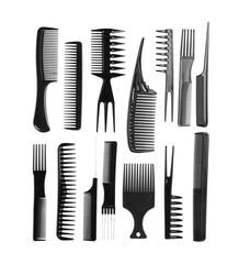 Set of modern hair combs isolated on white, top view