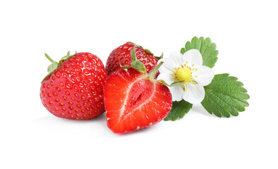 Sweet fresh ripe strawberries with green leaves on white background