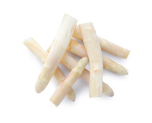 Pile of fresh raw asparagus isolated on white, top view