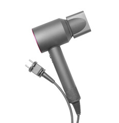 Modern hair dryer on white background, top view