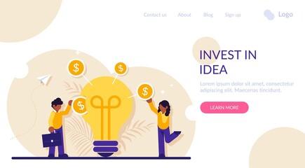 Invest In Idea concept. Businessman or investor putting dollar coin into slot in light bulb. Venture investment, startup funding, financing innovative technology. Modern flat illustration.