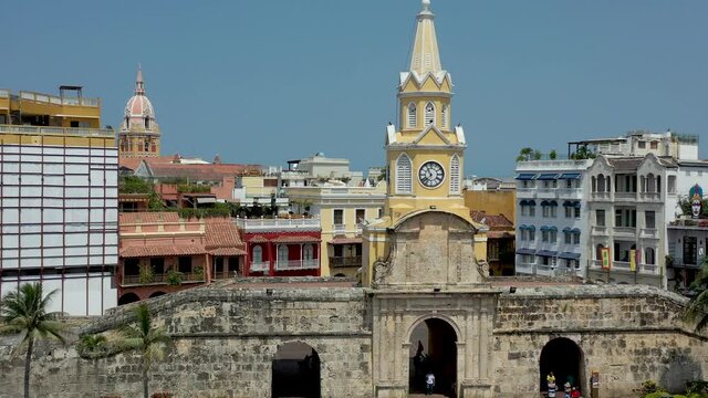 Aerial View of Torre del Reloj Clock tower in Cartagena, Colombia on a Sunny Day