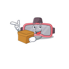 A smiling vr glasses cartoon mascot style having a box