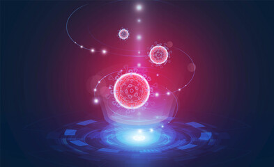 Hologram of coronavirus COVID-2019 on a blue futuristic background concept search innovation background vector design .