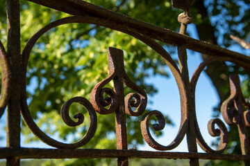 A fragment of a metal fence rusted with time on a blurred background.