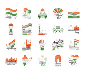 Happy india independence day icon set detailed style icon vector design