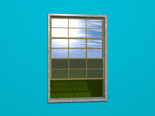 Sash window made of stone and wood on deep sky blue wall opened to outside grass and blue sky with light reflection. 3D illustration. background and abstract