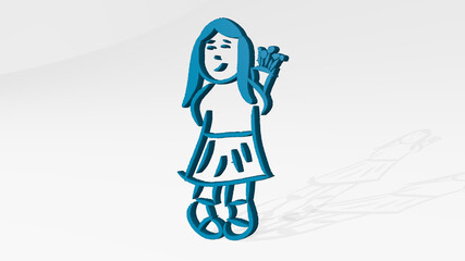 girl with flowers from a perspective on the wall. A thick sculpture made of metallic materials of 3D rendering. beautiful and background