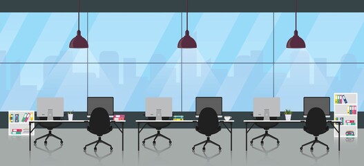  Office room interior with cityscape outside window. Vector illustration.