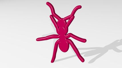 insect fly from a perspective on the wall. A thick sculpture made of metallic materials of 3D rendering. illustration and background