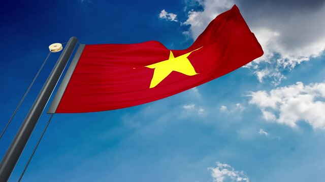 A natural waving flag with a blue sky background of Vietnam