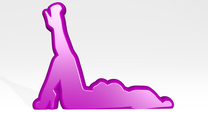 GIRL LYING WITH ONE LEG UP from a perspective on the wall. A thick sculpture made of metallic materials of 3D rendering. beautiful and background