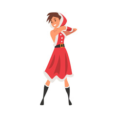 Smiling Girl Wearing Santa Claus Dress and Hat, Young Woman in Christmas Clothes Vector Illustration