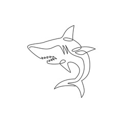 One single line drawing of ruler of the sea, shark for company logo identity. Dangerous sea fish concept for ocean nature peace organization mascot. Continuous line draw design vector illustration