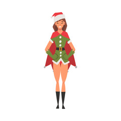 Smiling Girl Celebrating Christmas Wearing Red Santa Claus Dress and Hat Vector Illustration