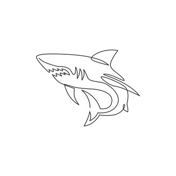 One single line drawing of ruler of the sea, shark for company logo identity. Dangerous sea fish concept for ocean nature peace organization mascot. Continuous line draw design vector illustration