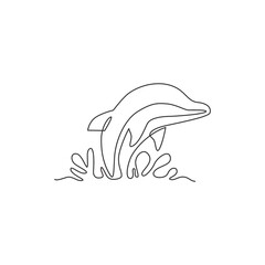 One single line drawing of cute beautiful dolphin for company logo identity. Funny beauty mammal animal mascot concept for circus icon. Modern continuous line draw design vector graphic illustration