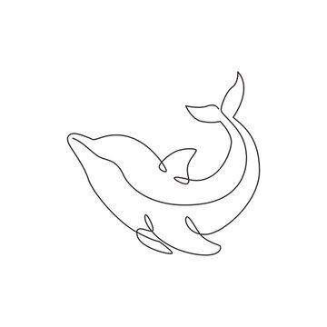 One single line drawing of cute beautiful dolphin for company logo identity. Funny beauty mammal animal mascot concept for circus icon. Modern continuous line draw vector graphic design illustration