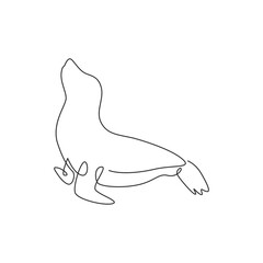 One single line drawing of adorable sea lion for aquatic park logo identity. Cute creature mammal animal mascot concept for circus show. Continuous line draw design vector graphic illustration