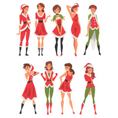 Beautiful Girls Wearing Red Santa Claus Costumes Collection, Happy Young Women in Christmas Clothes Vector Illustration