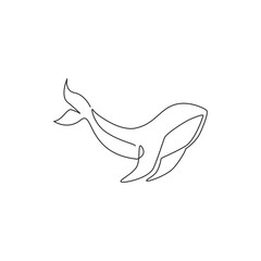 One continuous line drawing of giant whale for water aquatic park logo identity. Big ocean mammal animal mascot concept for environment organization. Single line draw design graphic illustration