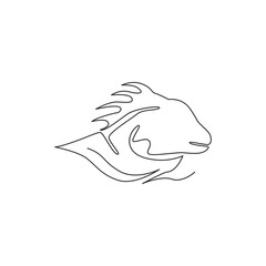 One single line drawing of exotic iguana head for company logo identity. Cute reptilian animal mascot concept for pet lover society. Modern continuous line draw design illustration graphic vector