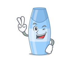 A joyful shampoo cartoon mascot style show two fingers pose