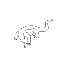 One single line drawing of strong komodo dragon for company logo identity. Dangerous predator animal mascot concept for reptilian zoo. Modern continuous line draw design illustration vector graphic