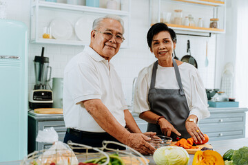 Senior Asian married couple cooking food at kitchen home. Elderly 70s man and woman looking at camera while preparing ingredients at kitchen counter together.