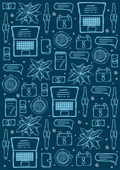 Freelance hand draw doodle background with popular symbols and elements of remote work.