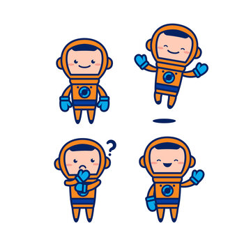 Astronaut Cosmonaut Cute Cartoon Character Vector Mascot Set With Orange Space Suit