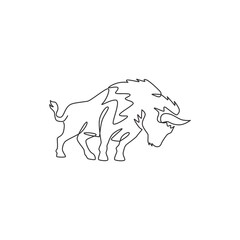 One single line drawing of healthy organic american bison for livestock cattle logo identity. Big buffalo mascot concept for canned meat food. Modern one line draw design vector graphic illustration