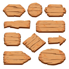 Blank Wooden Signboards Collection, Wood Panels with Place for Your Message, Natural Texture Direction Signs Vector Illustration
