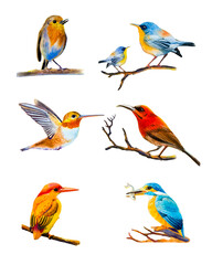 Fototapeta premium Bird set watercolor original painting.