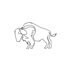 One continuous line drawing of strong north american bison for conservation forest logo identity. Big bull mascot concept for national park. Modern one line draw vector graphic design illustration