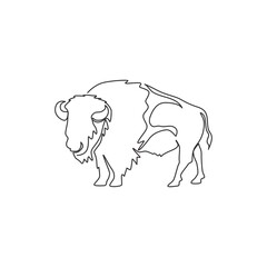 One continuous line drawing of strong north american bison for conservation forest logo identity. Big bull mascot concept for national park. Dynamic one line draw design illustration vector graphic © Simple Line