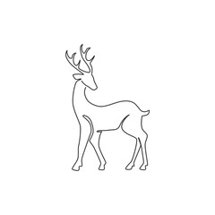 One continuous line drawing of wild reindeer for national park logo identity. Elegant buck mammal animal mascot concept for nature conservation. Single line vector graphic draw design illustration