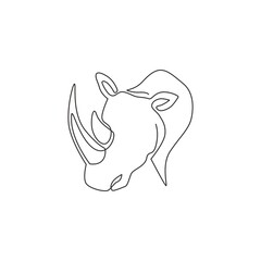 One continuous line drawing of strong white rhinoceros head for company logo identity. African rhino animal mascot concept for national zoo safari. Single line draw design illustration graphic vector