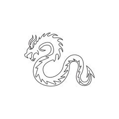 Single continuous line drawing of fictional monsters dragon for chinese traditional logo identity. Magical legend creature mascot concept for martial art association. One line draw design illustration