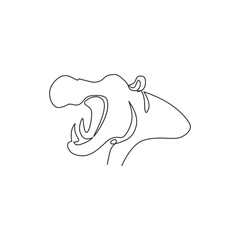 Single continuous line drawing of large cute hippopotamus for safari zoo logo identity. Huge friendly hippo animal mascot concept for conservation national park. One line draw design illustration
