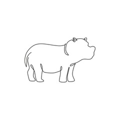One single line drawing of big cute hippopotamus for kids toy company logo identity. Huge friendly hippo animal mascot concept for national safari zoo. Continuous line draw design vector illustration